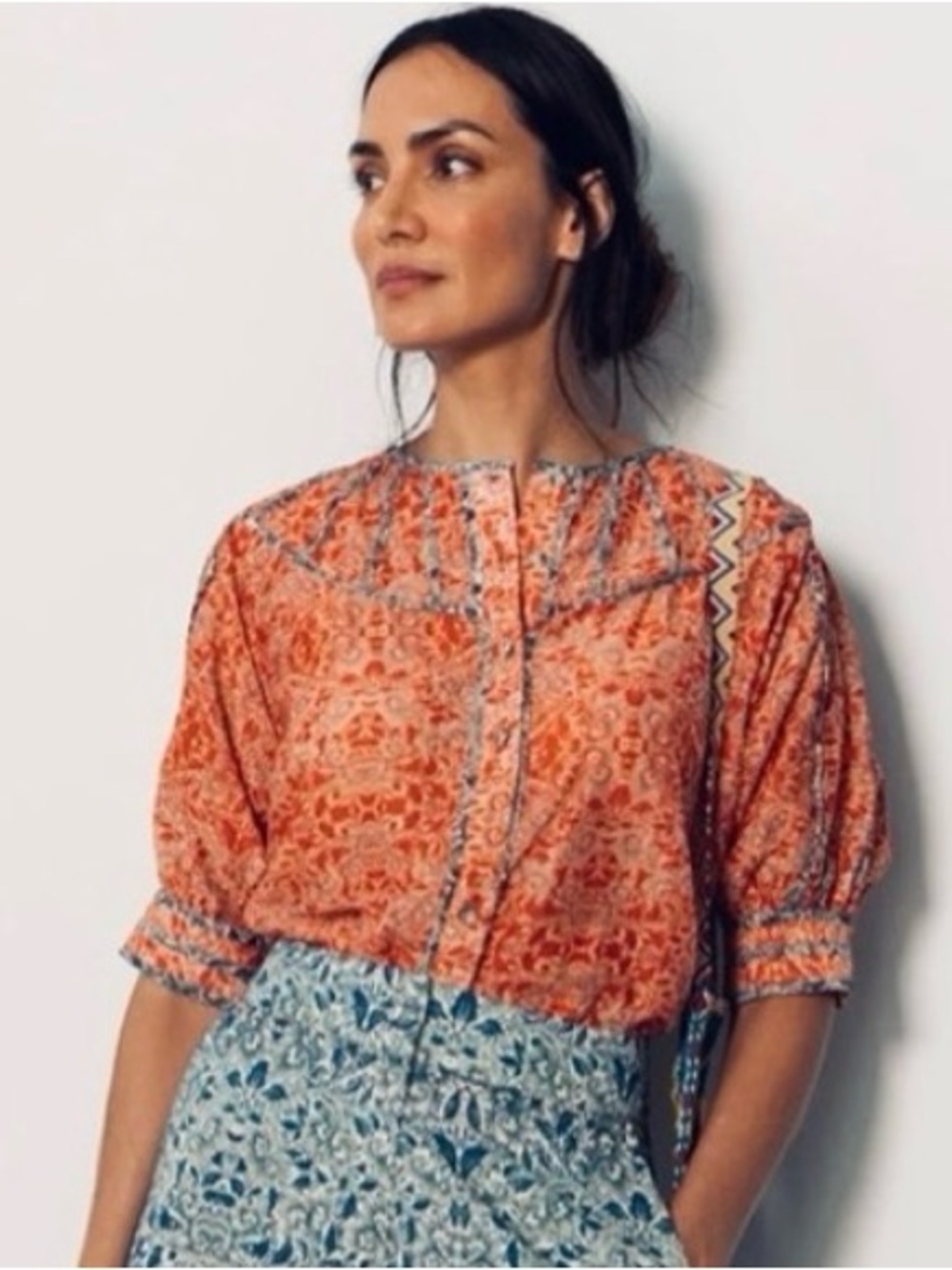 Carolina K. Cotton/Silk Boho Button Down Blouse. Size Small.